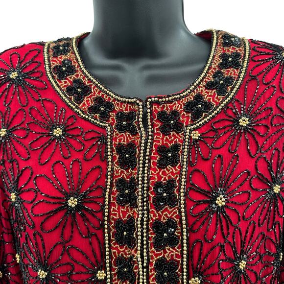 Papell Boutique Evening Jacket WMNS 8P Red Silk Floral Sequin Trophy Brocade Vtg - Picture 6 of 12